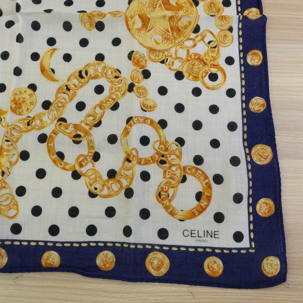 90s VTG CELINE Paris Handkerchief Blue Gold Medallion Chain Dots AUTH Luxe 17x17 - Picture 8 of 11